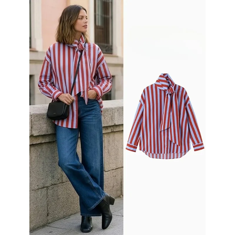 

ZOCI Women Fashion Striped Single Breasted Blouse Vintage Scarf Collar Long Sleeves Female Chic Lady Shirts