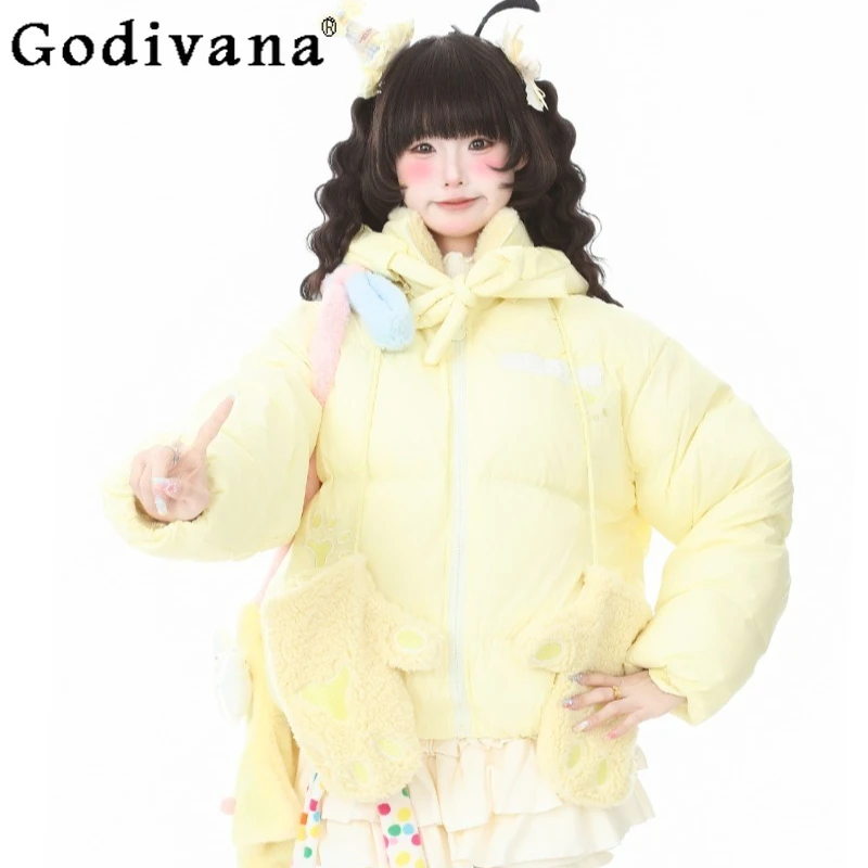 سترات شتوية بغطاء للرأس مطرزة للنساء بأكمام طويلة سترات لطيفة مع قفازات معطف دافئ وردي على الطراز الياباني للسيدات #2