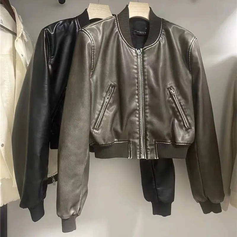 Chaqueta de cuero PU lavado para mujer, Chaqueta corta Vintage con cremallera, novedad de 2024