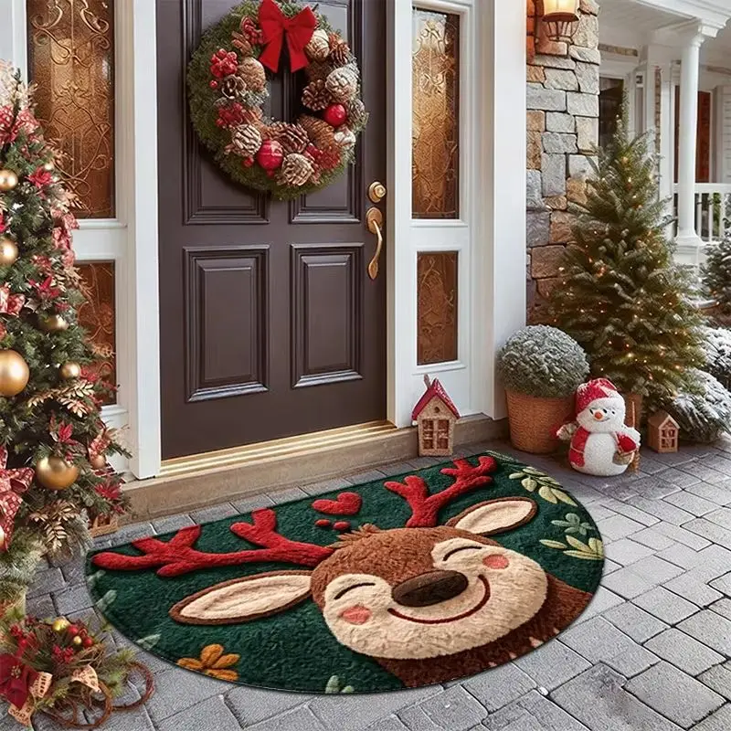 VIKAMA Half Round Christmas Reindeer Doormat, Deer Smile Semi Circle Welcome Mat Front Door, Non Slip Indoor Outdoor Rug