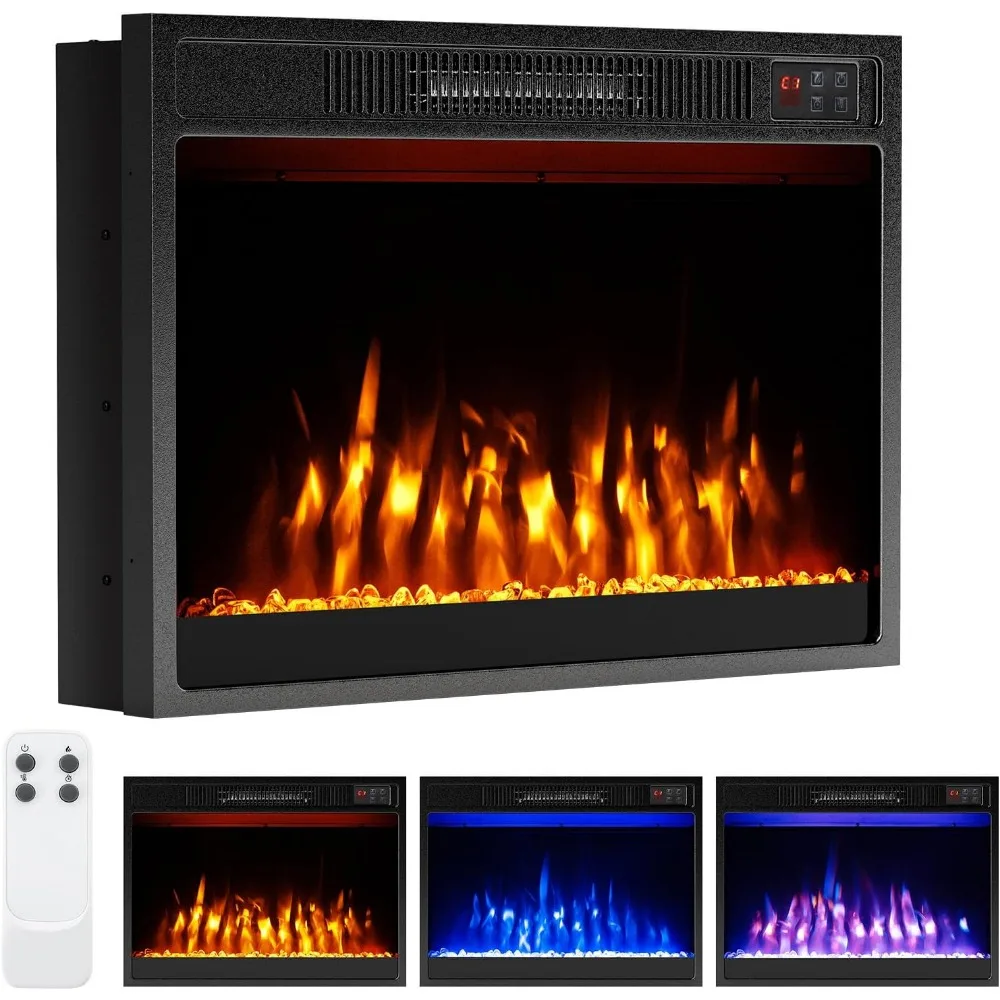 

23-inch Electric Fireplace Insert - 750W/1500W Heater with 3 Flame Colors and Adjustable Crystal Brightness
