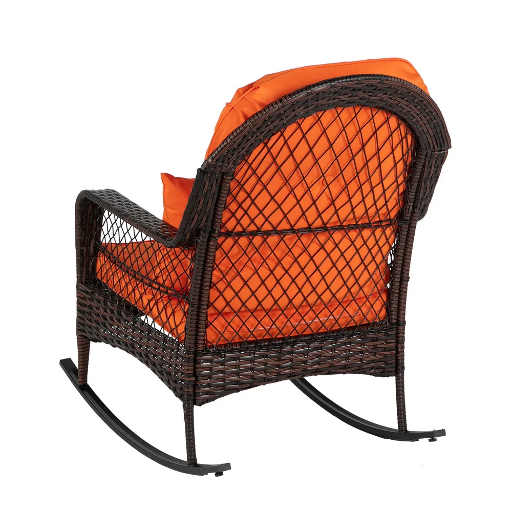 Outdoor Resina Wicker Cadeira de balanço com esponja Almofadas, Pátio Quintal Móveis Club Rocker Chair, Black Wicker & Orange Almofadas