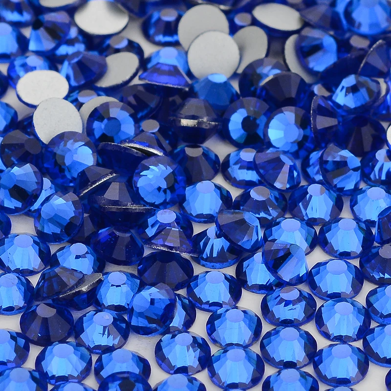 Blue Glass Flat Back Rhinestones Glitter Round Gemstones Non Hot Fix Glue On Rhinestone for Nail Art Fabric Clothing Decorating