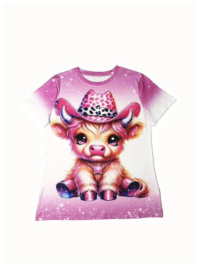 Damska koszulka PLUS z krótkim rękawem i nadrukiem 3D z uroczym różowym wzorem krowy, luźna i swobodna, miękka, wygodna i oddychająca
