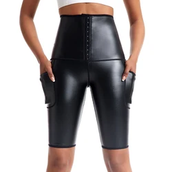 Womens Sexy Faux Leather High Waisted Leggings Women's Adjustable Leggings Leather Short Pants Black Solid Leggings With Pockets
