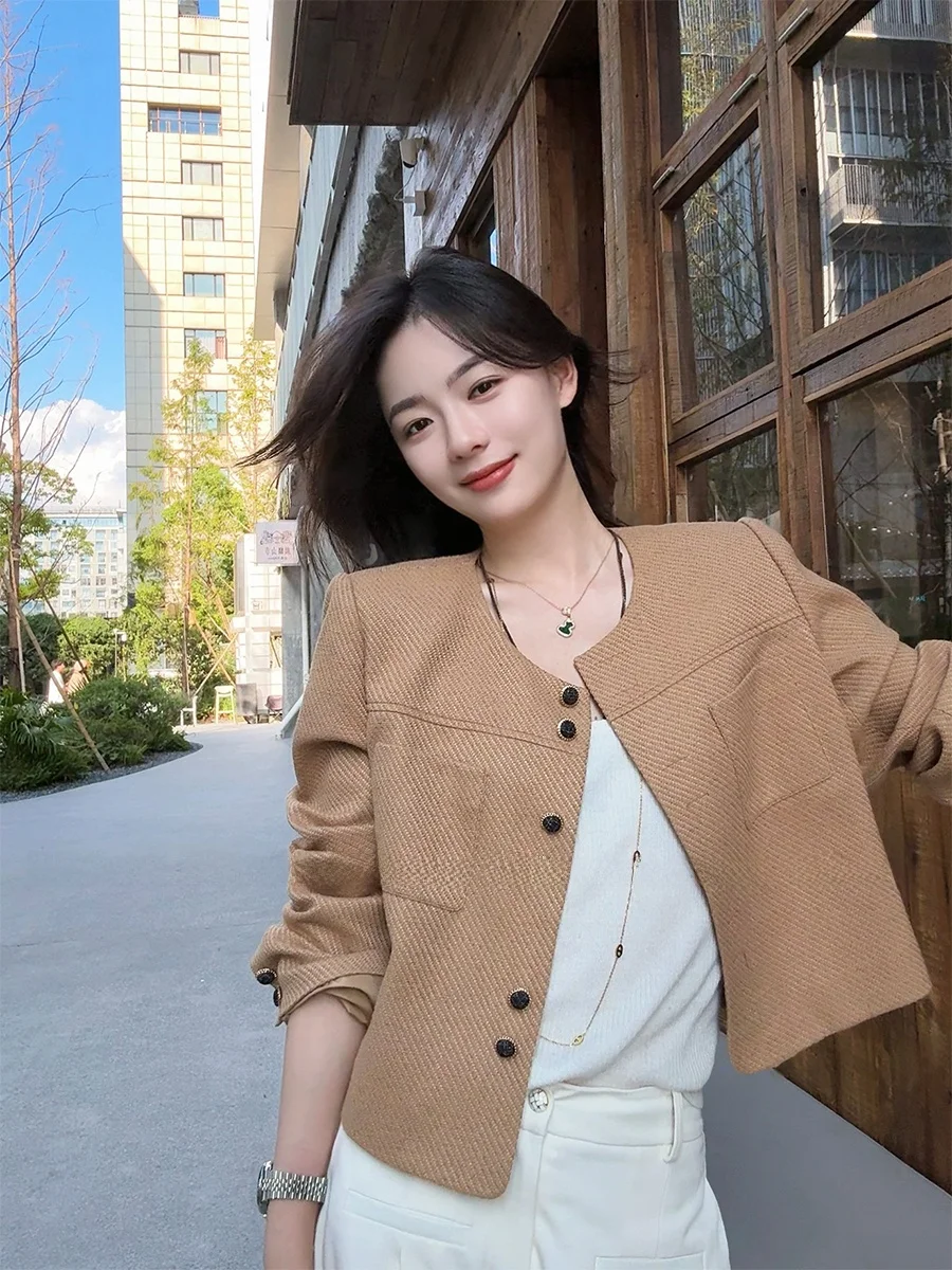 

Ele Light Coffee Color Woven Outerwear for Women Lin Zhiqiu Autumn Color Deep ort Coat Casual Chic Polyester Fiber