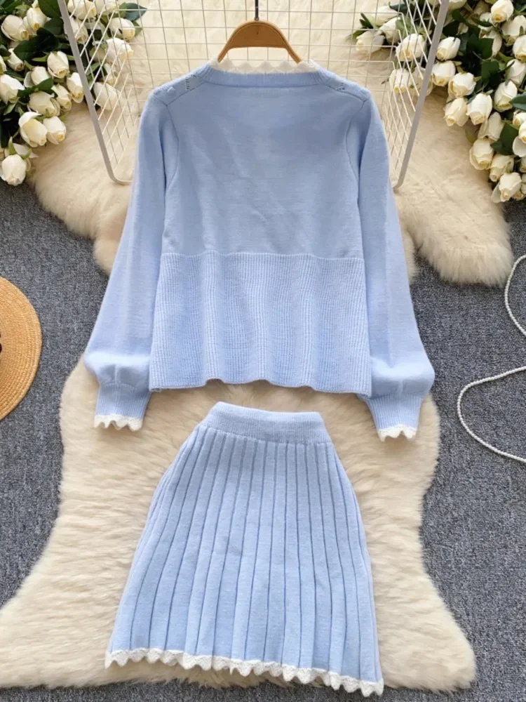 Kimotimo Knitted Two Piece Sets Women Sweet Loose Long Sleeve Pullover Sweater Pleated A-line Mini Skirts Autumn Winter Suits