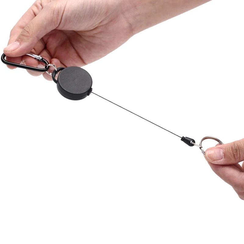 1pc Black Retractable Key Chain Reel Heavy Duty Steel Wire Rope Carabiner Anti-Theft Badge Holder Outdoor Sporty Hook