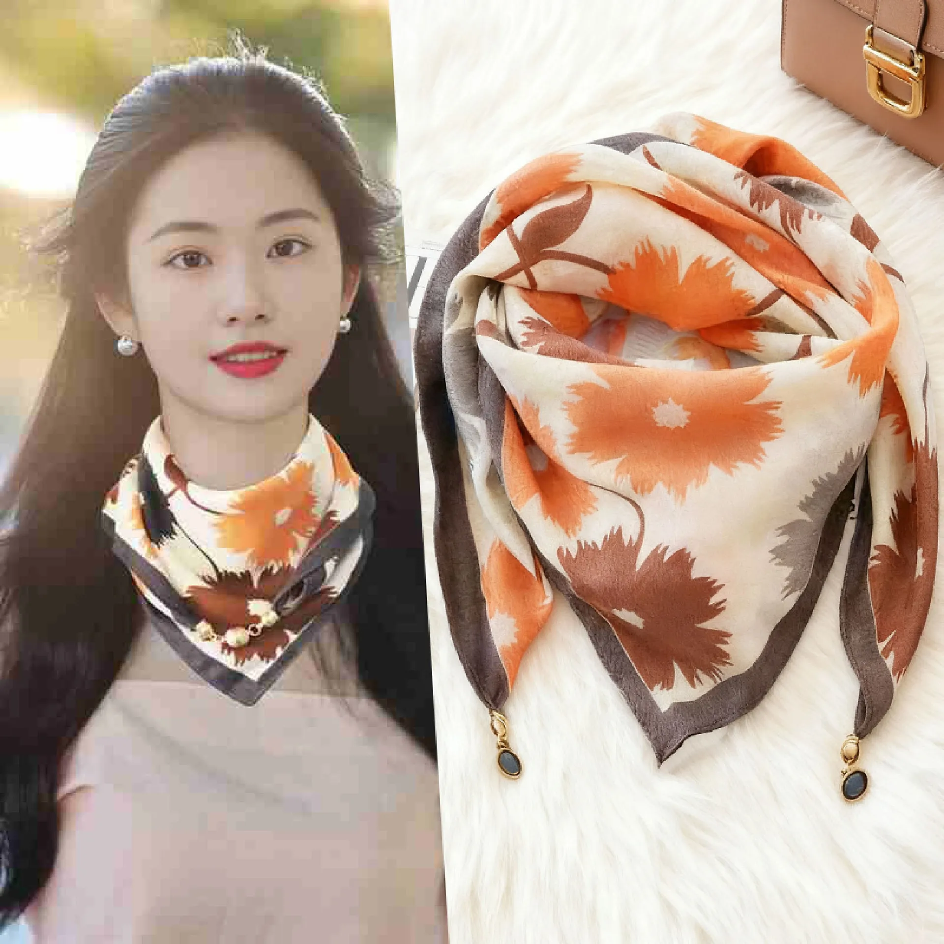 Ladies Spring Autumn Hot Magnetic Triangle Neck Protection Silk Scarf For Women Cotton Linen Scarf High-end Neck Scarf Keep Warm image 3