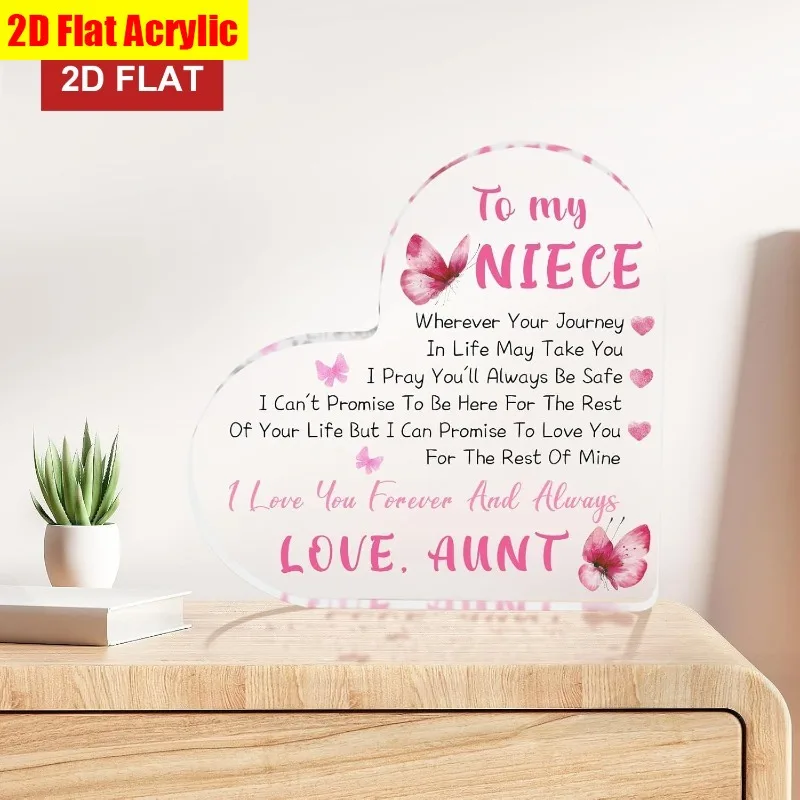 To My Niece Heart‑Shaped Acrylic Tabletop Plaque, Pink Butterfly Aunt Love Quote Desk Decor
