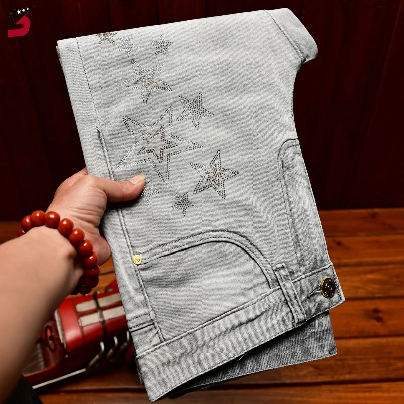 Men's Fashion Rhinestone Decor Jeans, Slim Fit Stretch Denim Pants, Korean Style Casual Streetwear Long Trousers for Daily Wear
