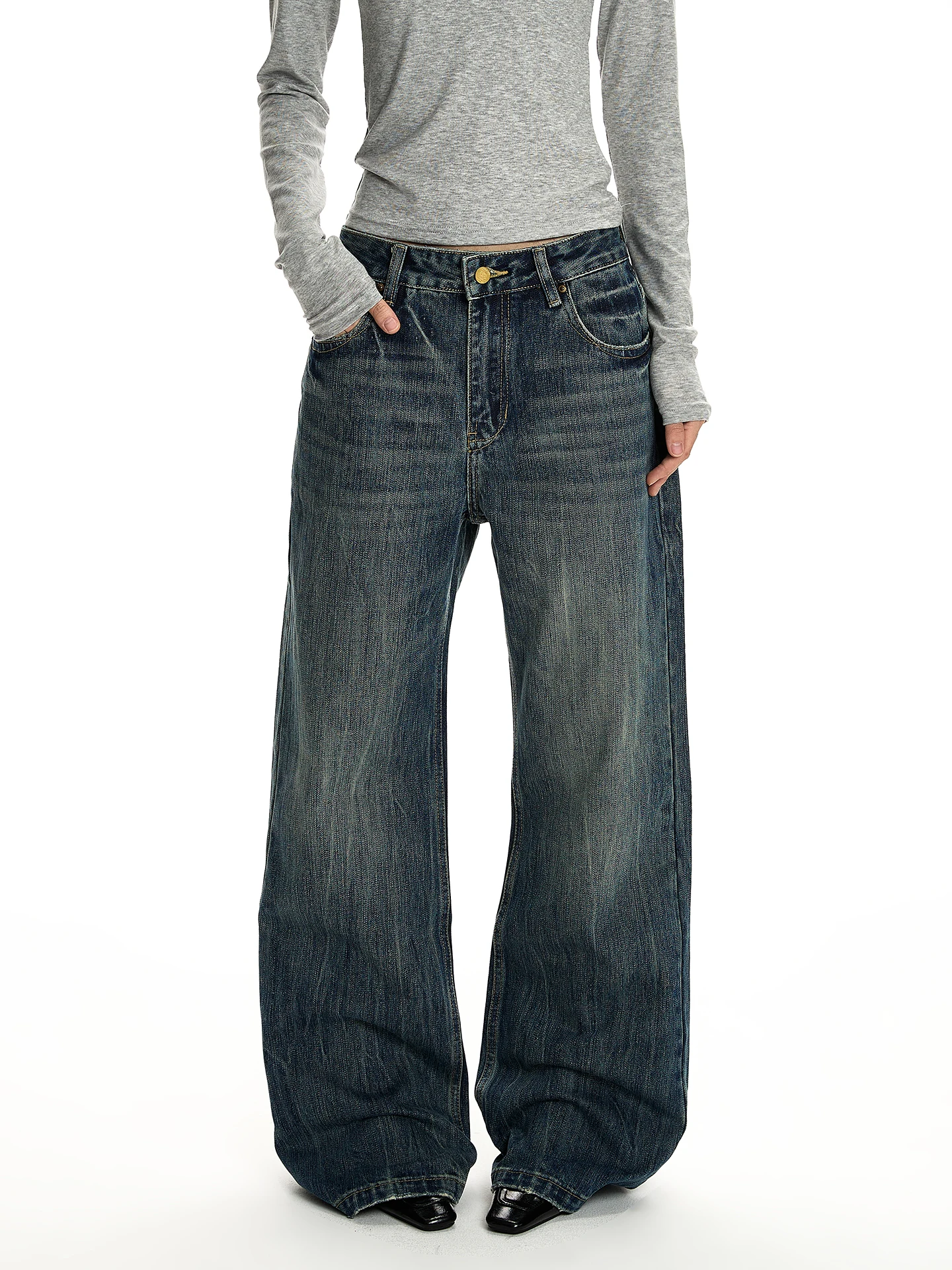 

Джинсы PUEE American Retro из выстиранного денима, свободные прямые брюки с бамбуковым узором, универсальные повседневные классические брюки А-силуэта