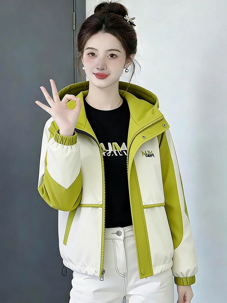 

Модная укороченная женская куртка на весну в корейском стиле, повседневная, с капюшоном, омолаживающая, для поездок на работу, свободного кроя, в стиле колор-блок