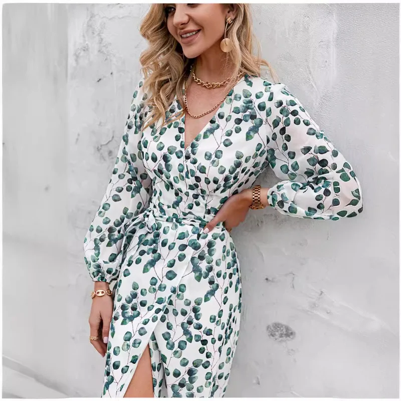 Green Leaf Printed Dress for Women, Long Sleeves, Lace-upafont-Shaped Holiday Dress, Avant-Garde, Spring and Summer, 2024