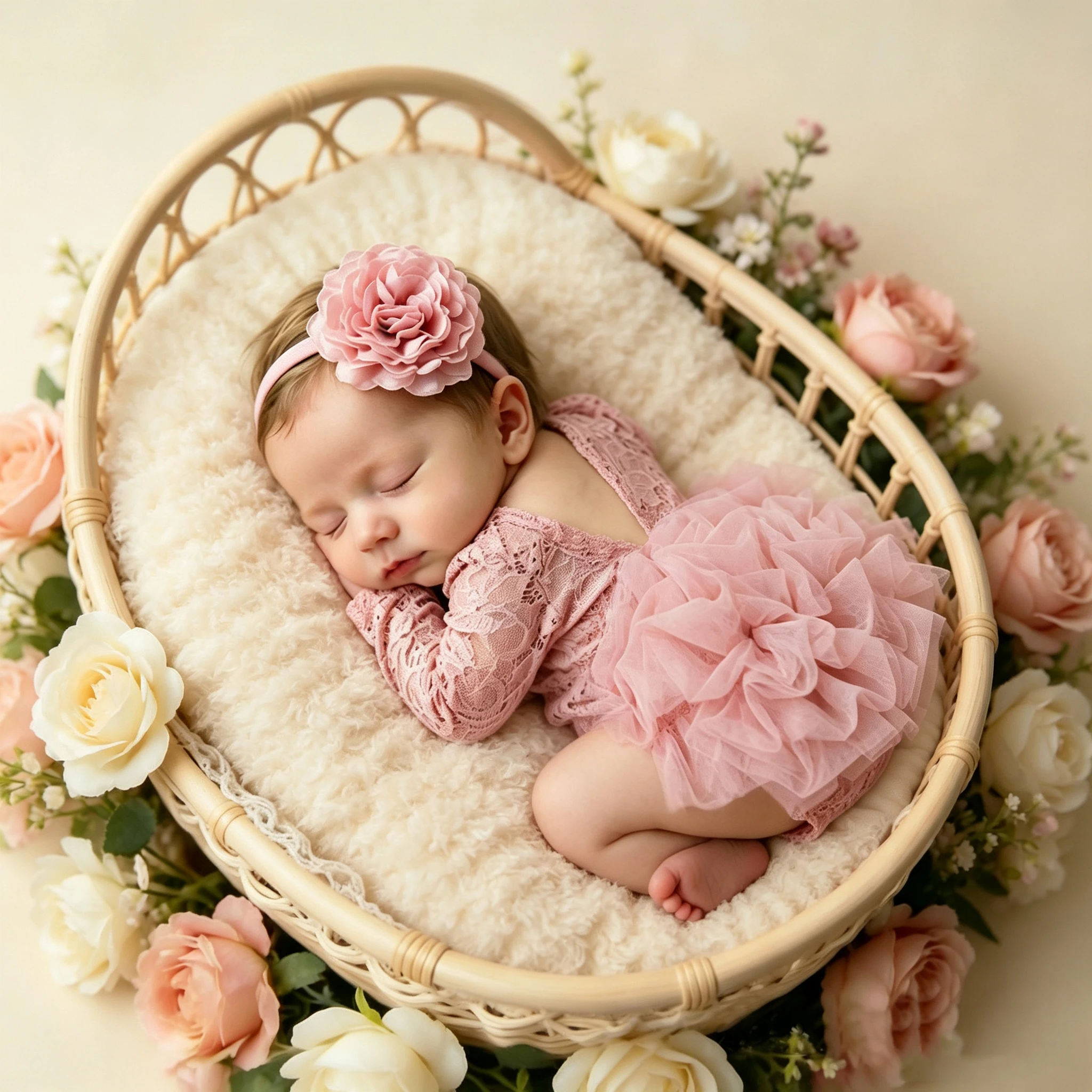 Ylsteed 2 Pieces Set Dusty Pink Newborn Lace Romper for Photo Shooting Fluffy Mesh Lace Photography Outfits with Headband-HD