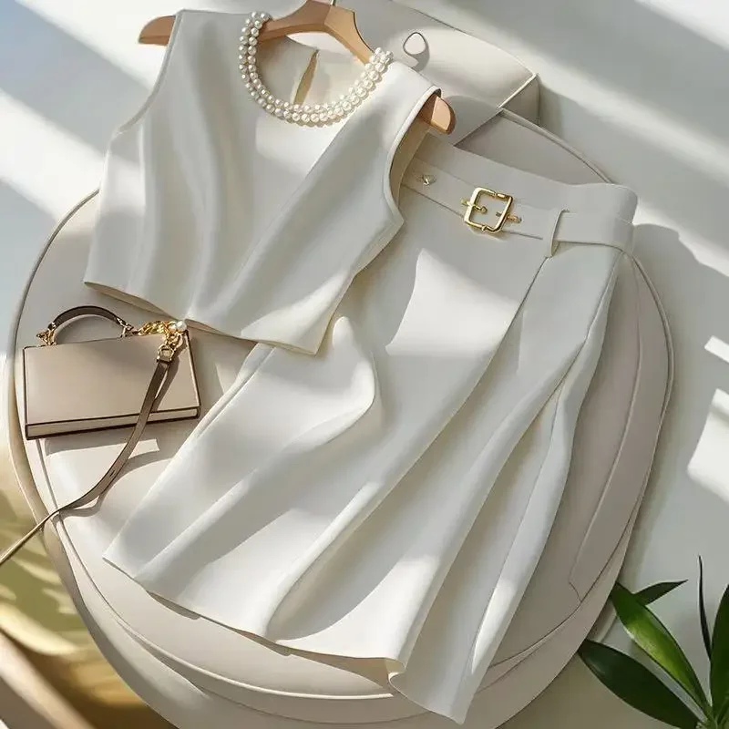 

Elegant Solid Color Women Two Piece Set O-Neck Sleeveless Vest Top+ Temperament High Waist Casual Skirt Office Lady Suits