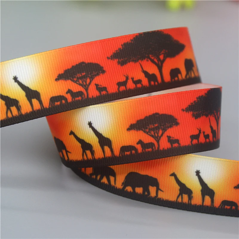 DHK 7/8\'\' 5yards Africa Landscape Animal Printed Grosgrain Ribbon Accessories Material Collar Decoration DIY Sewing Craft C2067