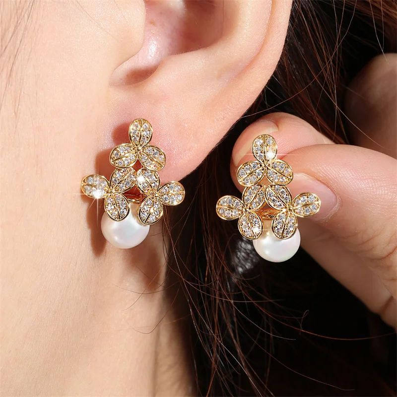 ZAKOL Elegant Flower Shaped Round Imitation Pearl Earrings for Women Micro Inlay Zirconia Earring Bridal Wedding Jewelry