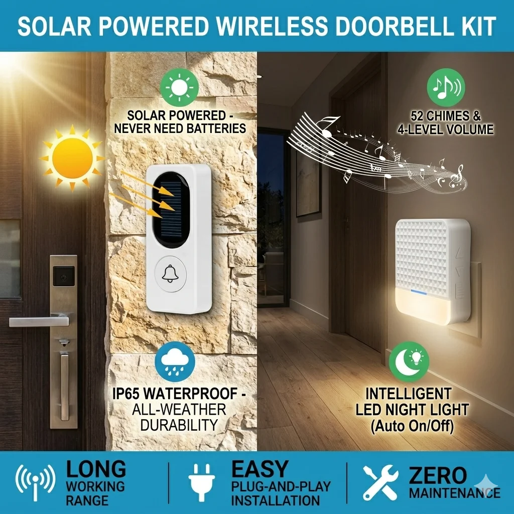 Solar Powered Wireless Smart Doorbell Long Distance Music Doorbell for Large Homes - Easy Installation Home Security Solution
