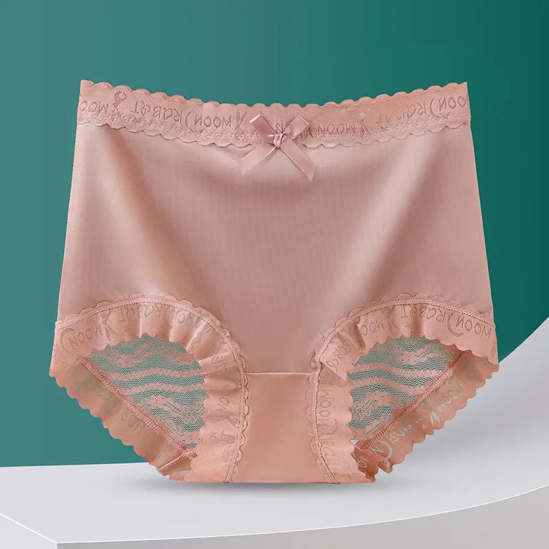 Luxurious Style Satin Smooth Soft Women High Waist Sexy Lace Underwear Transparent Breathable Mesh Panties Elasticity Breifs