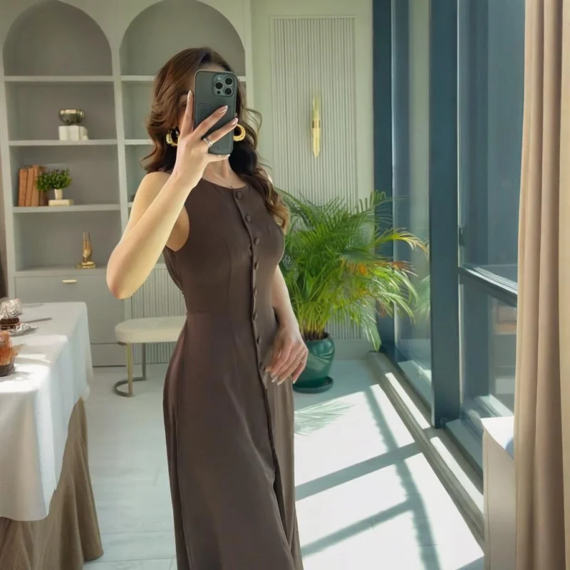 ETJ 2025 neues Damenkleid, elegante Mode, Retro-Rundhalsausschnitt, ärmellos, Gürtel, Taille, langes Kleid, Urlaub, Partykleid