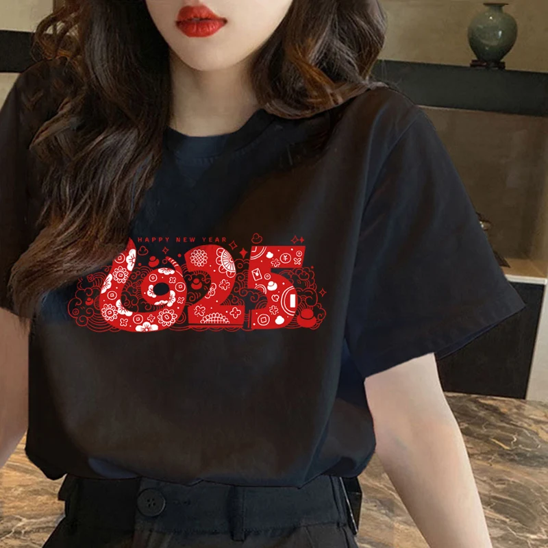 Red Short Sleeved T-Shirt For Women 2024 New Plus Size Base Shirt, Pure Cotton Top, Snake Zodiac Year, Chinese New Year Clothes