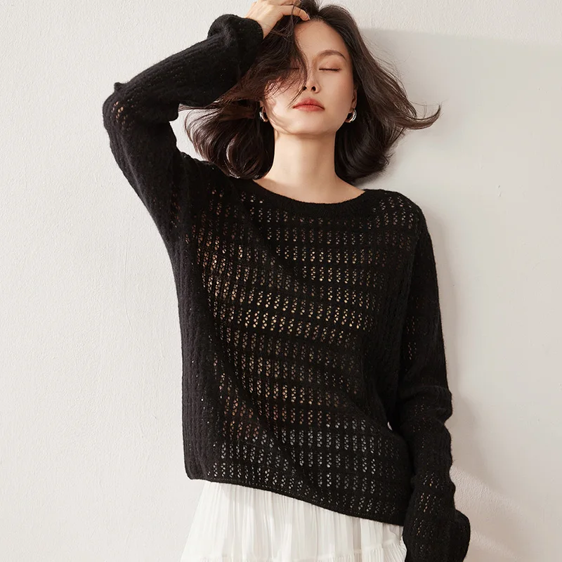 

Весенне-летний новый вязаный свитер, женский свитер с рыбьим человеком, полый 100% чистый кашемир, накидка, свободный повседневный тонкий топ