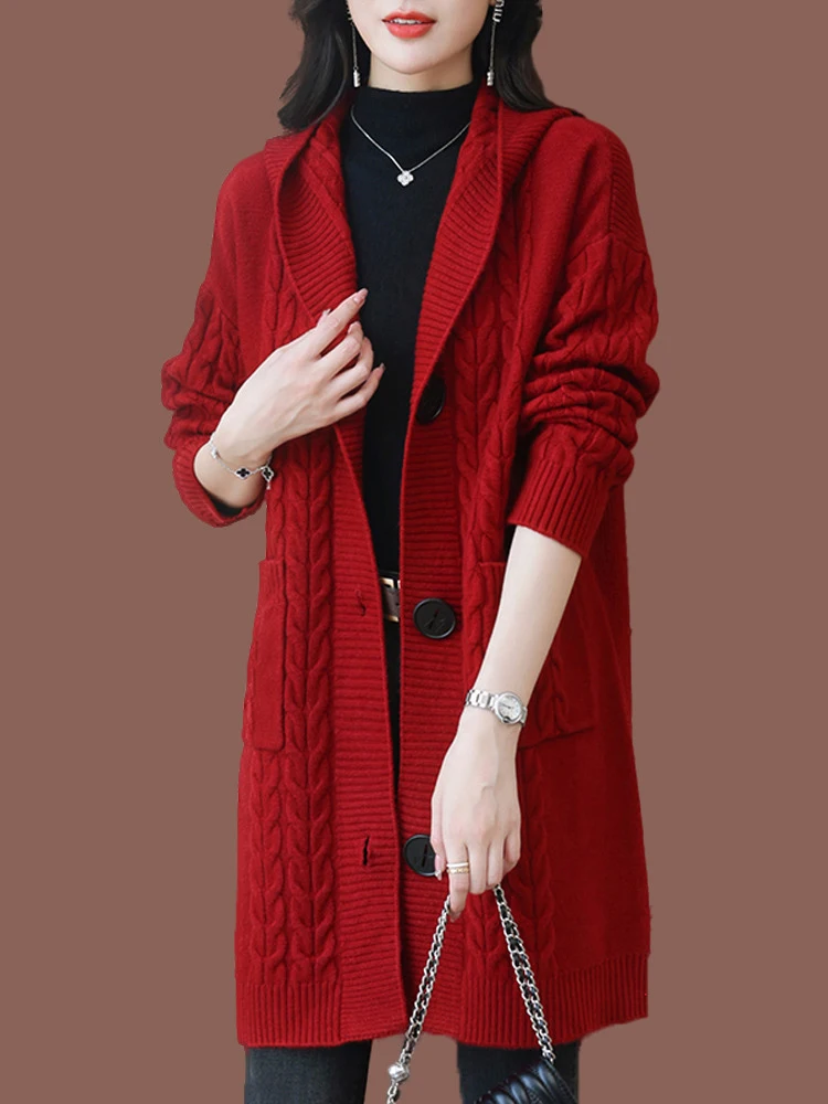 Thiened Knitted Cardigan Women's Spring Outerwear Long Sve Hooded Pure Color Sweater Coat Korean Sle Commute Faion
