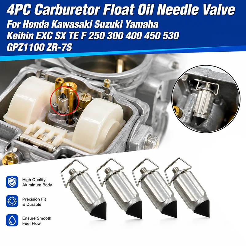 4PC Carburetor Float Oil Needle Valve For Honda Kawasaki Suzuki Yamaha Keihin EXC SX TE F 250 300 400 450 530 GPZ1100 ZR-7S