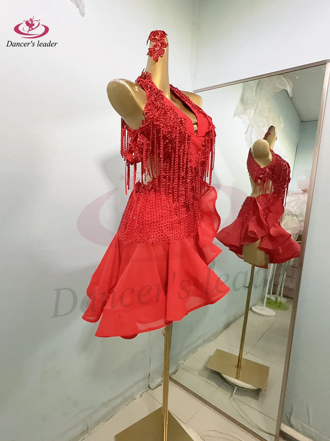 Latin Dance Rhinestone Adult Women's High-end Customized Fishbone Skirt, Diamond Stripe Tassel Samba Performance Dress