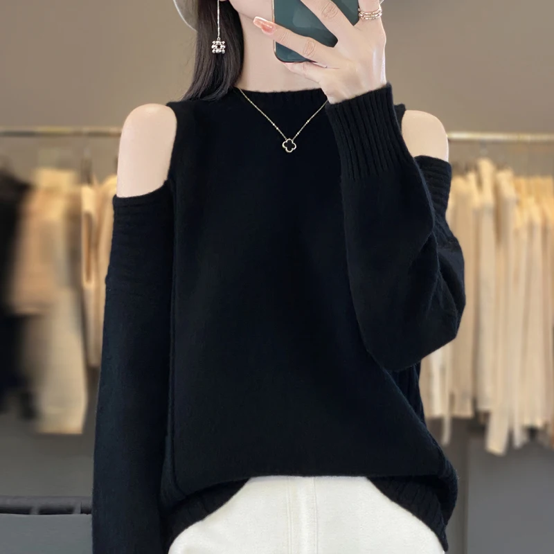 ผู้หญิง 100% เสื้อขนสัตว์บริสุทธิ์รอบคอหลวม Off-The-Shoulder ถัก Pullovers แฟชั่น WARM PIT Strip เสื้อฤดูใบไม้ร่วงเสื้อหนา