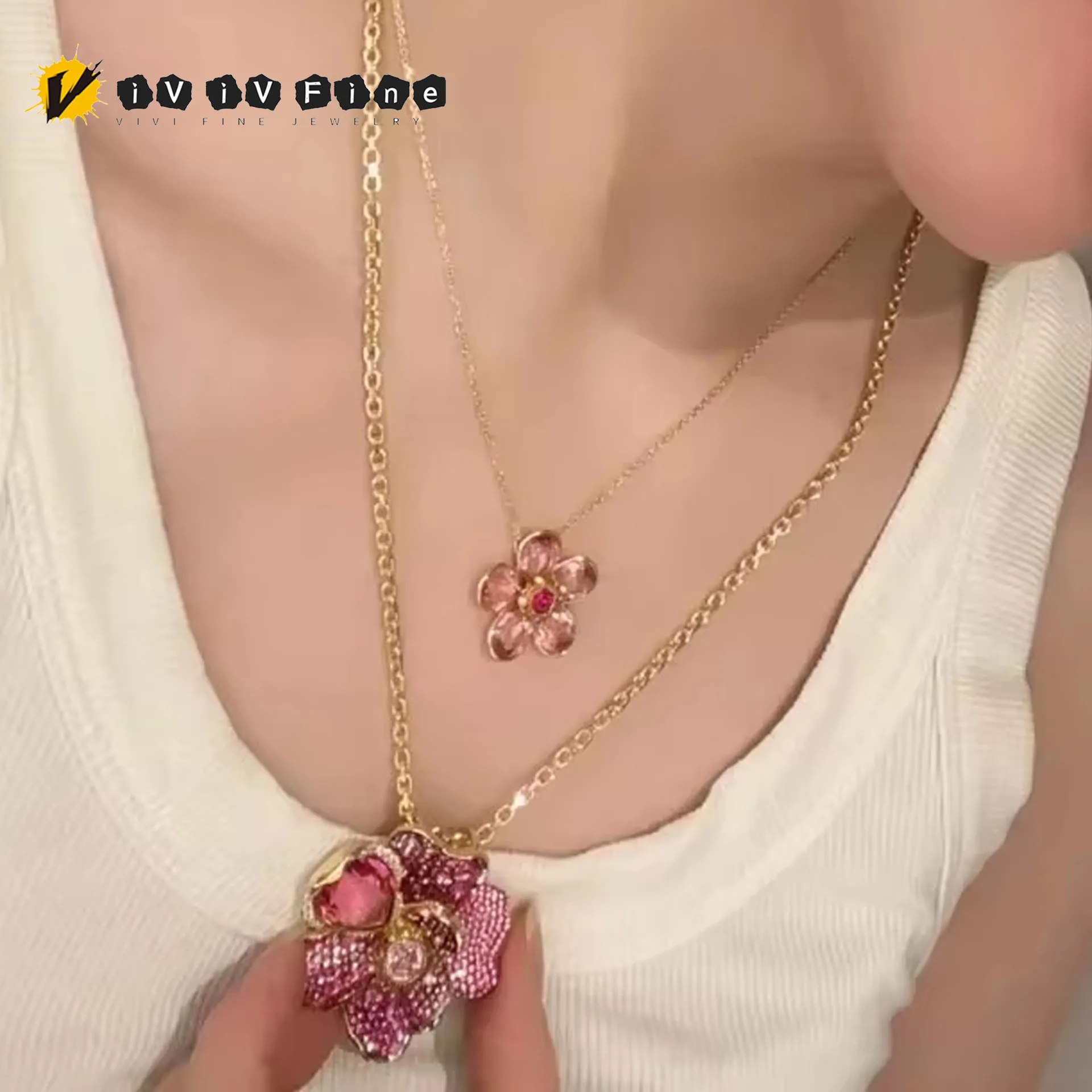 

2025 Luxury Flower Collection Women's Jewelry Set Original Pink Cutting Crystal Necklace Earring Ring Bracelet Party Accessories
