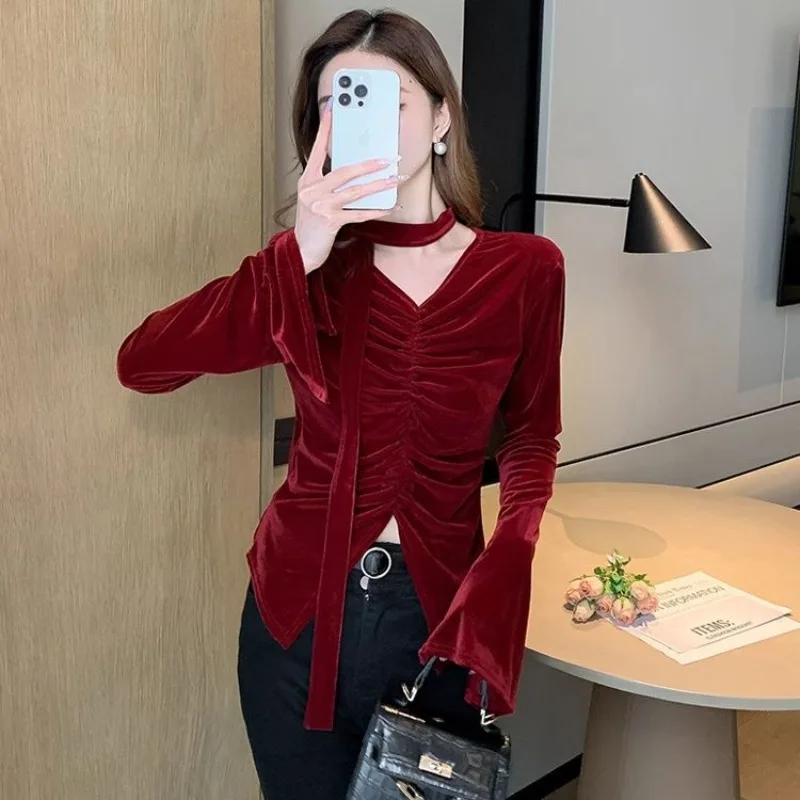 Chemises et chemisiers noirs à col en V pour femmes, Vintage, moderne, nouveau, élégant et jeunesse, haute qualité, manches longues, luxe, meilleure vente, 2025