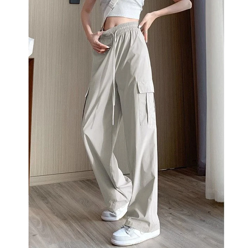 Women Casual Streetwear Wide Leg Straight Cargo Pants Summer Trendy Ice Silk Quick Drying Sports Trousers High Waist Pantalones