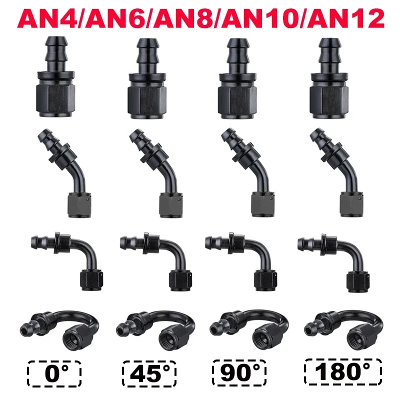 4x Aluminum 0/45/90/180 Degree Push Lock Swivel Hose End Fitting for Rubber Fuel Line Oil Fuel Cooler Kits Reusable Hose Adaptor