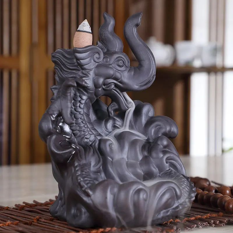 European style dragon elephant backflow incense burner, creative home decor abstract handicraft deodorization aromatherapy stove