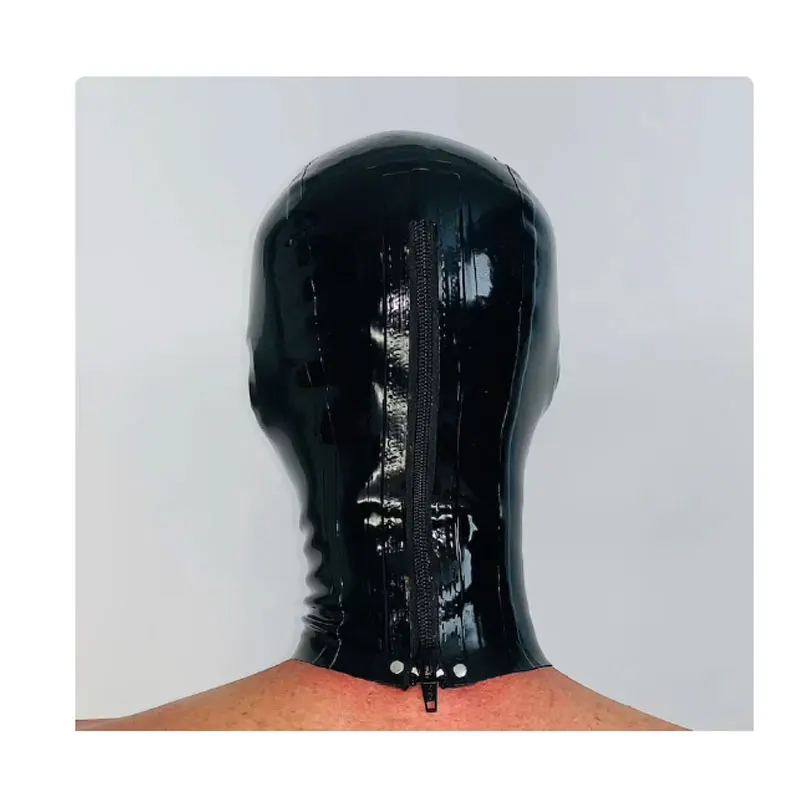 Handmade Sexy Men's Black Latex Hood Mask Cosplay Open Eyes Mouth with Rear Zipper