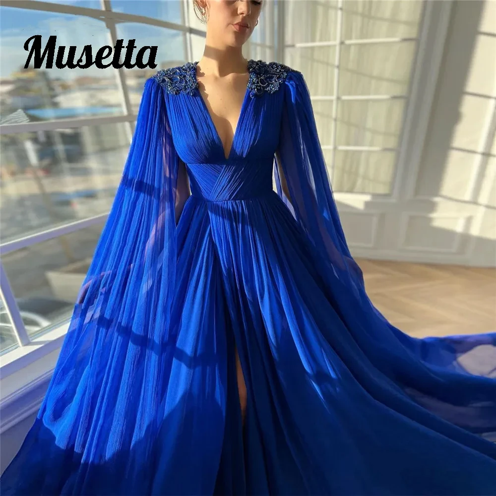 Musetta Royal Blue Tulle Prom Dress Deep Long Cape Sleeves Sequineds V-Neck Evening Dress Backless Eventos Especial Customized