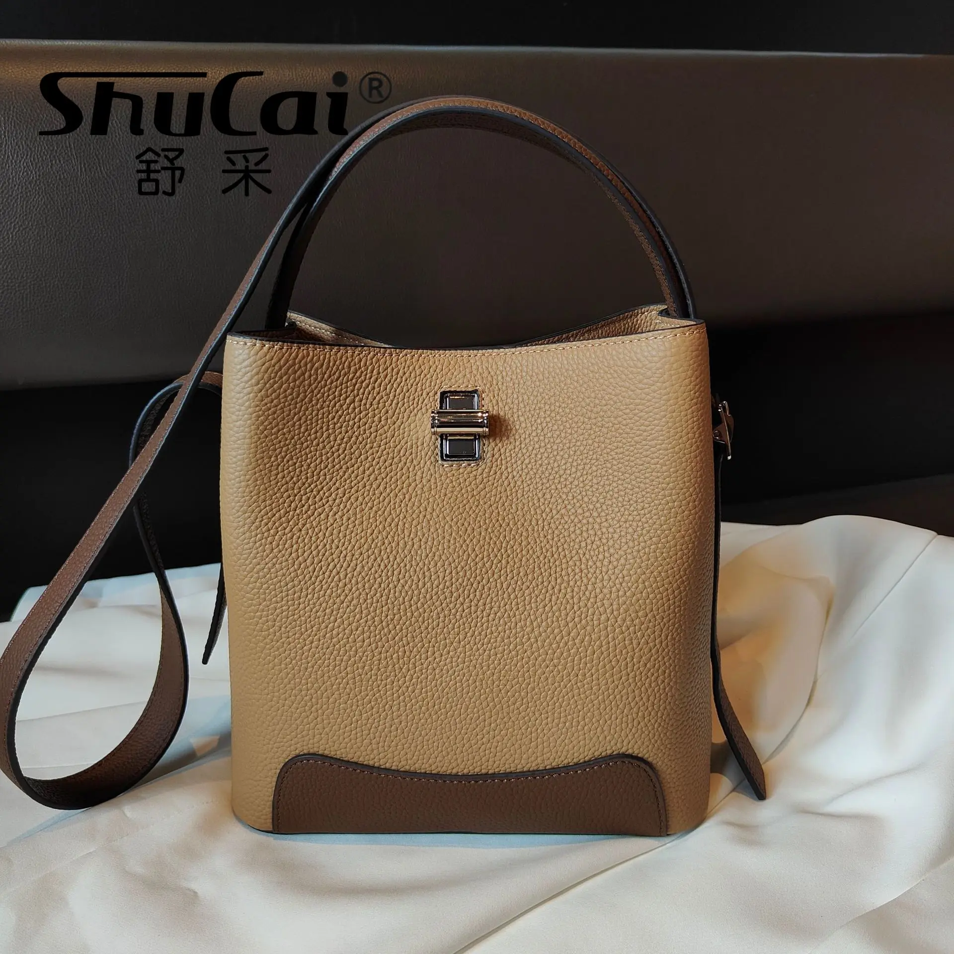 Genuine Leather Women's Bags Cowhide Bucket Bag Korean Fashion Ladies Handbag Single Shoulder Crossbody Bag Spell Color