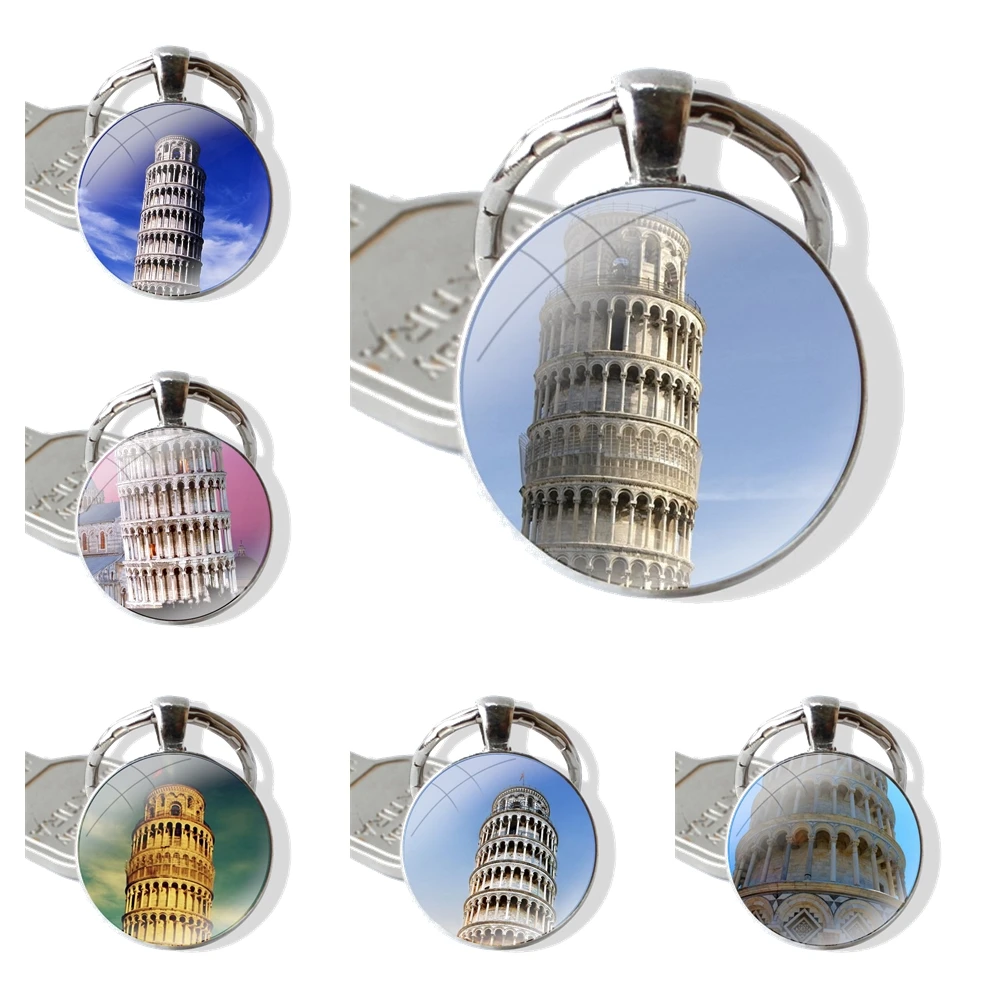 Keychain Glass Cabochon Metal Pendant Classic Men's Women's Keyring Leaning Tower of Pisa