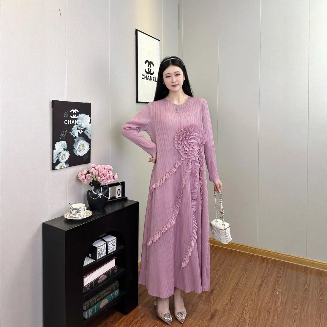 

Miyake Pleated Plus Size Dress Fashion Flower Loose Temperament Casual Loose Elegant Women Long Dress Middle East Women Clothing