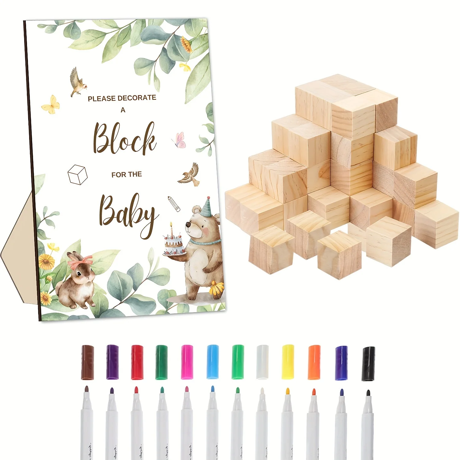 30Pcs Baby Shower Block Game Set, Includes Game Sign DIY Blank Wooden Block Acrylic Paint Marker for Gender Reveal Party