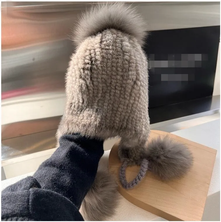 Women Real MInk Fur Hat Hand Knitted Female Winter Warm Cap with Earflap Fluffy Beanies with Genuine Fox Fur Pompom