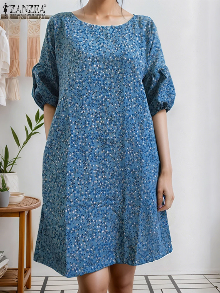 

ZANZEA Vintage Print Dress Elegant Knee-Length Sundress Summer Vestidos 2025 Casual Loose Half Lantern Sleeve Party Robe