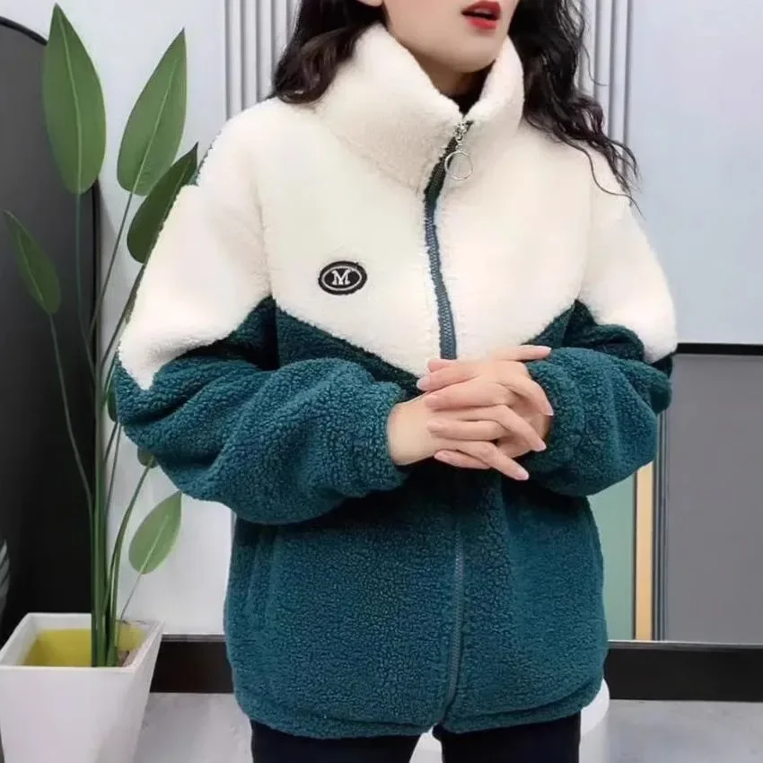 الكورية نمط فضفاض سميكة المرقعة سترة قطن الخريف الشتاء المرأة موضة طالب لامب المخملية معطف ملابس خارجية غير رسمية #4