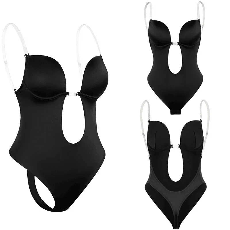 

Bodysuit Shapewear Deep V-Neck Body Shaper Backless U Plunge Thong Shapers Waist Trainer Women Clear Strap Padded Push Up Corset