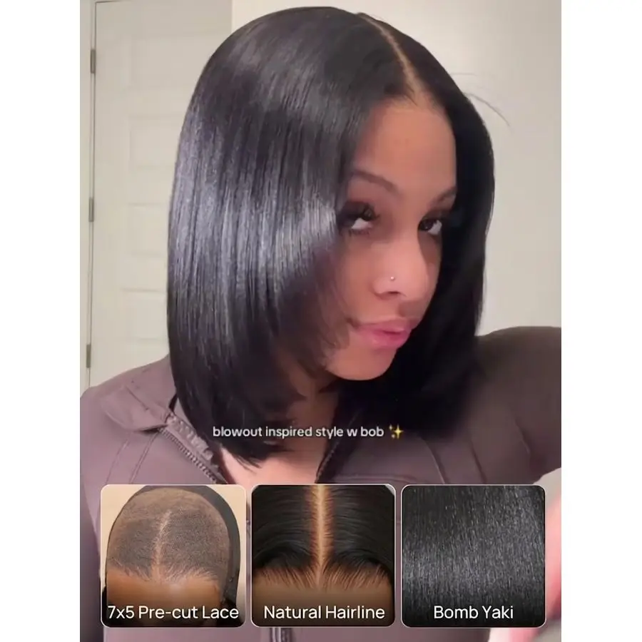 Wig Bob Rambut Asli Yaki Lurus 12 Inch, Model Drawstring, Tanpa Lem, Siap Pakai, 7x5 Bye Bye Knots, Pre Plucked, PreCut Lace Closure