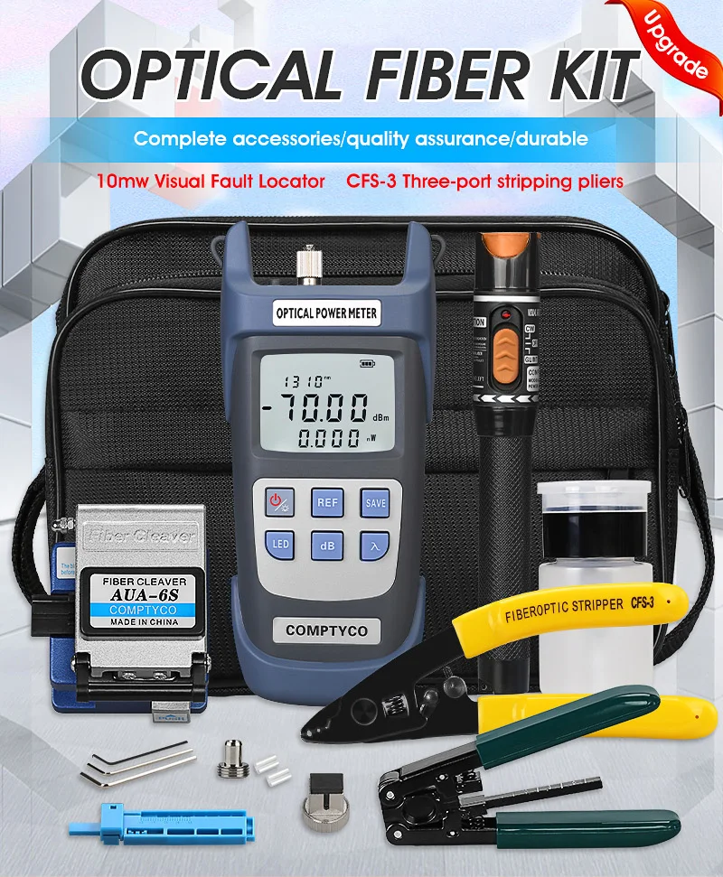 19pcs/set FTTH Fiber Optic Tool Kit with AUA-6S Fiber Cleaver -70~+10dBm/-50+26dBm Optical Power Meter 10mw Visual Fault Locator