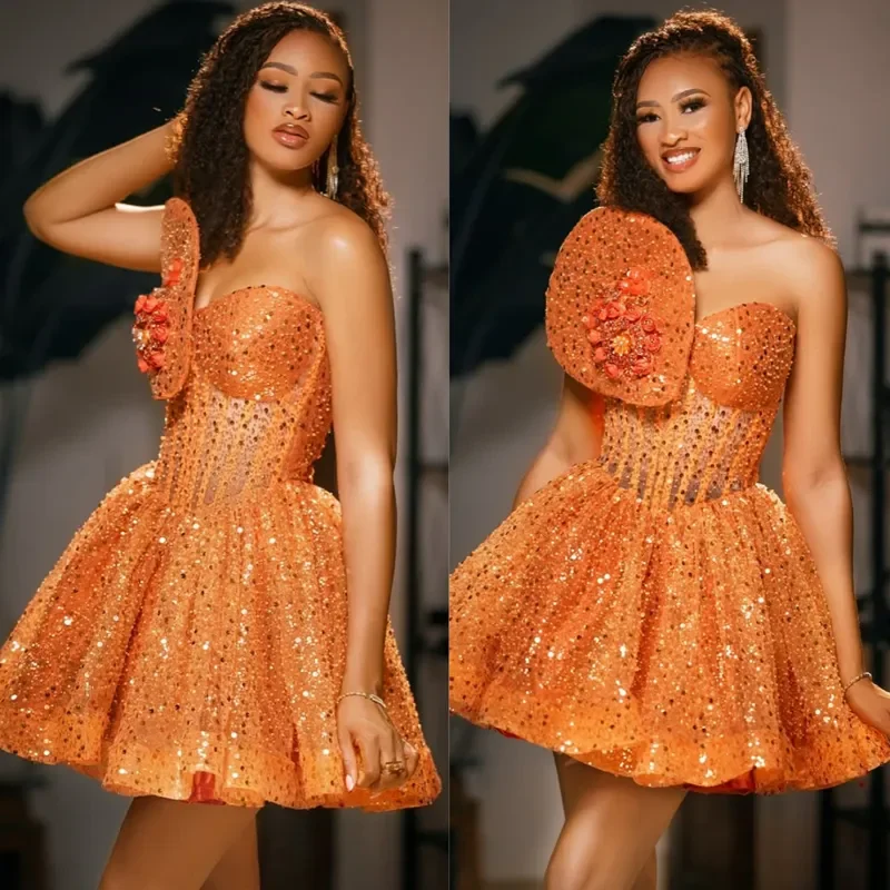 

Customized New Aso Ebi Orange Cocktail Party Women's Dress Sexy Short Mini Sweetheart Bareback Lace Glitter Back to School Dress