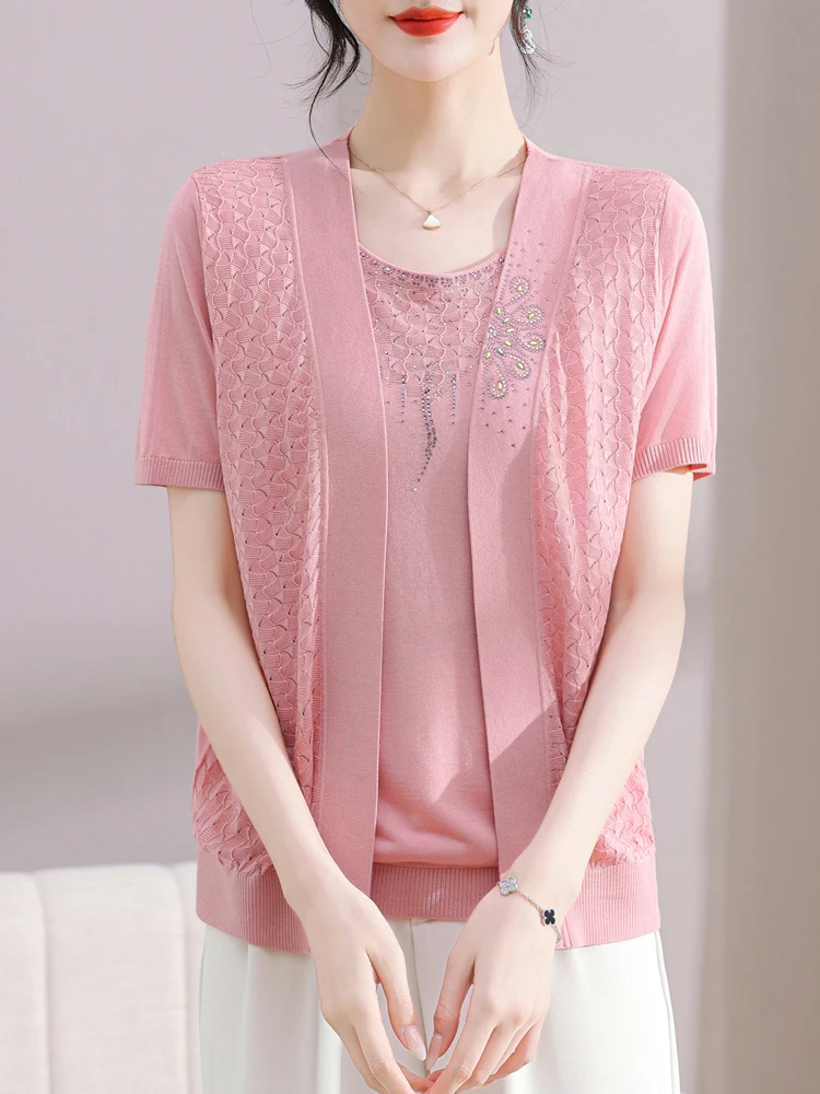 

Fake Two Pieces Sweater Women 2025 Autumn Spring Fashion O Neck Pullover Femme Women Clothing Causal Short Sleeve Sweaters